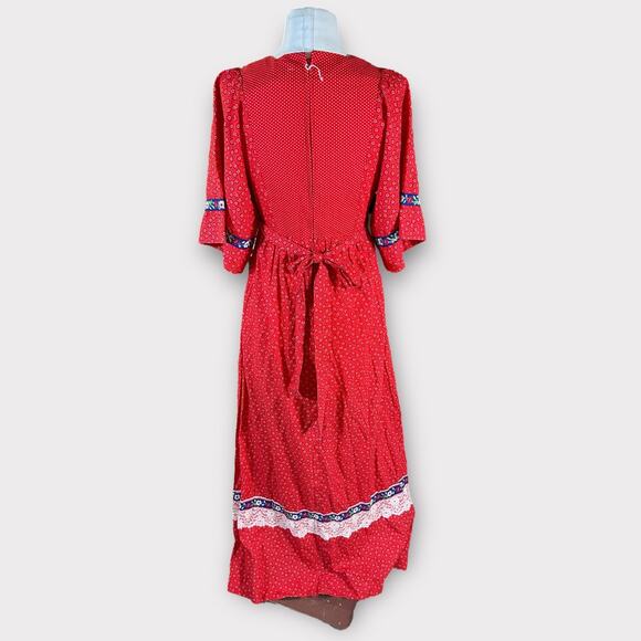 Vintage 70s Prairie Cottagecore Maxi Dress Red Embroidered Women's sz S Handmade - Picture 3 of 11